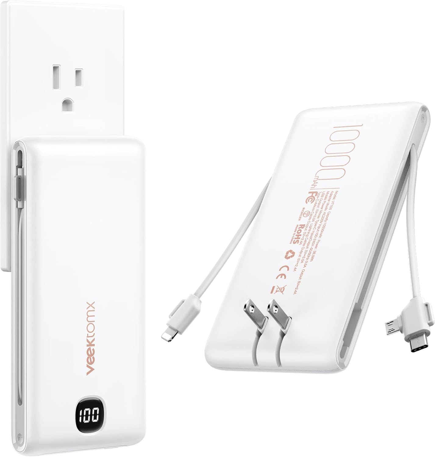 VEEKTOMX Portable Charger with Built-in Cables and AC Wall Plug, 10000mAh | Pocket-Size Travel Power Bank with USB-C and Micro-USB Cables for up to 4 Devices Including iPhone, iPad, Samsung and Kindle