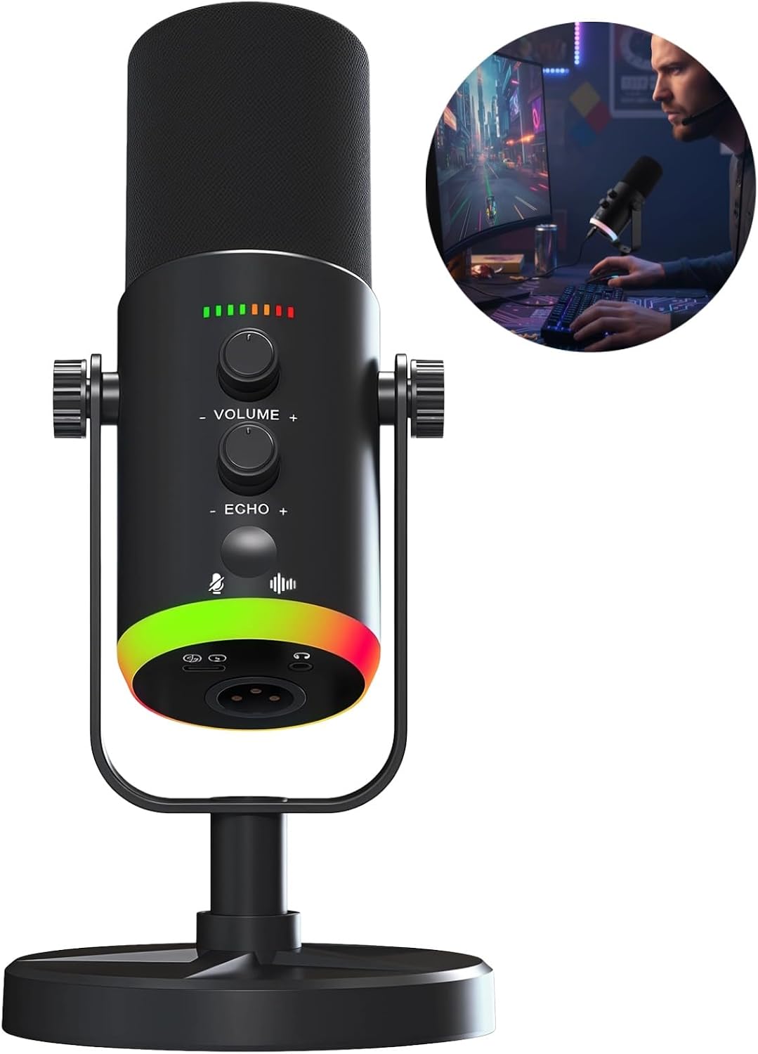 OMISTAR XLR/USB Dynamic RGB Microphone, PC Microphone with Noise Reduction, Volume Control, Mute Function, Metal Build, Easy-Mount Base for Gaming, Recording, Streaming