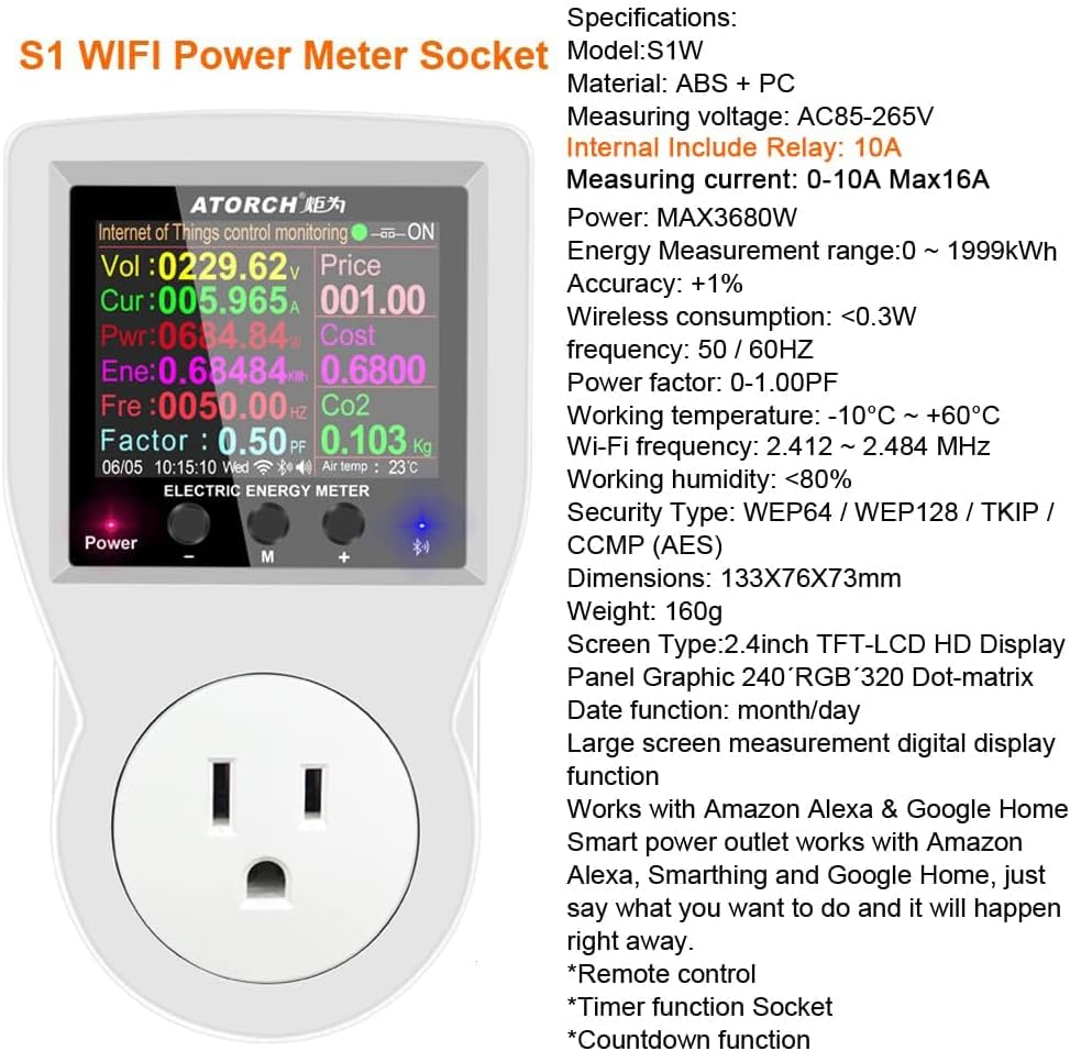 AC WiFi Watt Meter, Plug-in US Socket Power Meter, Electricity bill statistics,temperature control,Backlit Large Color Display, Overload Protection,Voltage AMP Tester, Electrical Energy Monitor Timer