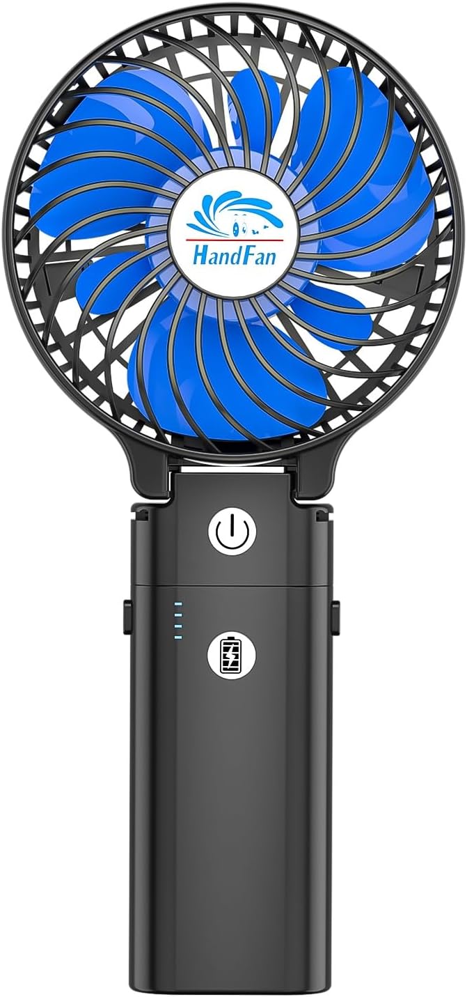 HandFan 5200mAh Portable Handheld Fan Rechargeable - 3 Speeds Foldable Personal Cooling, 2-IN-1 Hand Held Fan Battery Operated, 20H Runtime for Disney/Travel/Summer/Concerts/Women (Black&Blue)