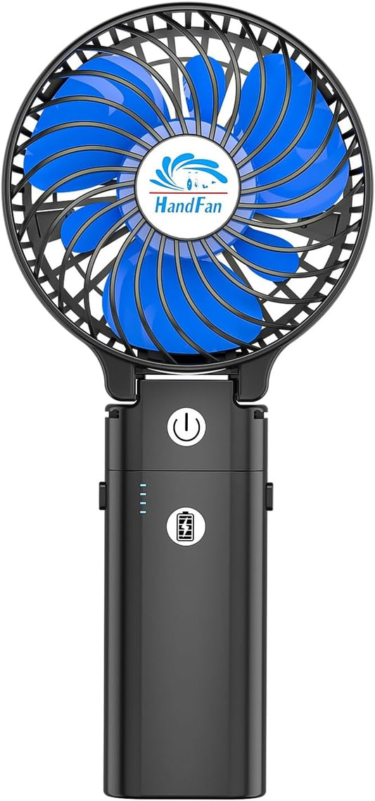 HandFan 5200mAh Portable Handheld Fan Rechargeable - 3 Speeds Foldable Personal Cooling, 2-IN-1 Hand Held Fan Battery Operated, 20H Runtime for Disney/Travel/Summer/Concerts/Women (Black&Blue)