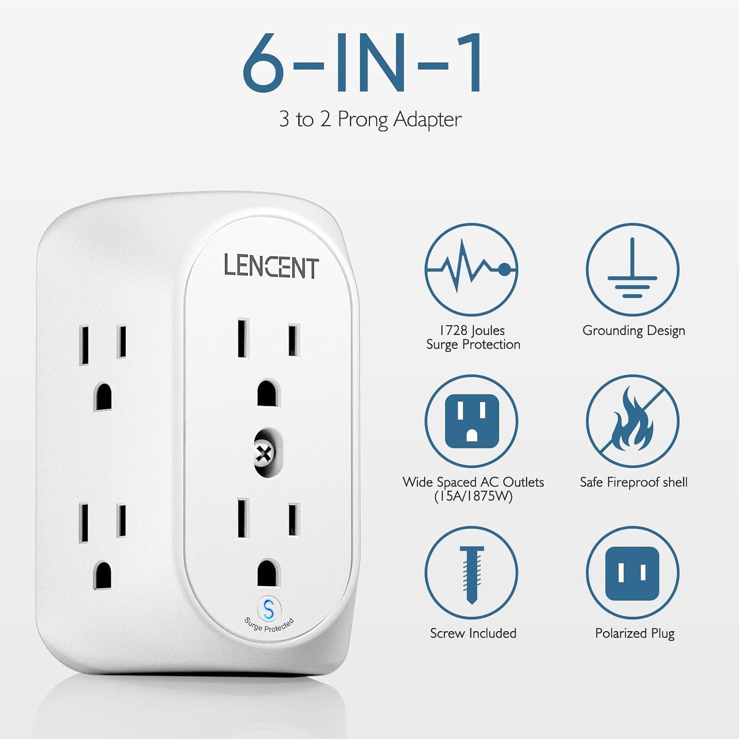 LENCENT 2 to 3 Prong Outlet Adapter, 3 to 2 Prong Grounding Adapter | Surge Protector, Multi Outlet Wall Plug with 6 Outlets, Power Socket Extender for Non Grounded Kitchen Office Older House