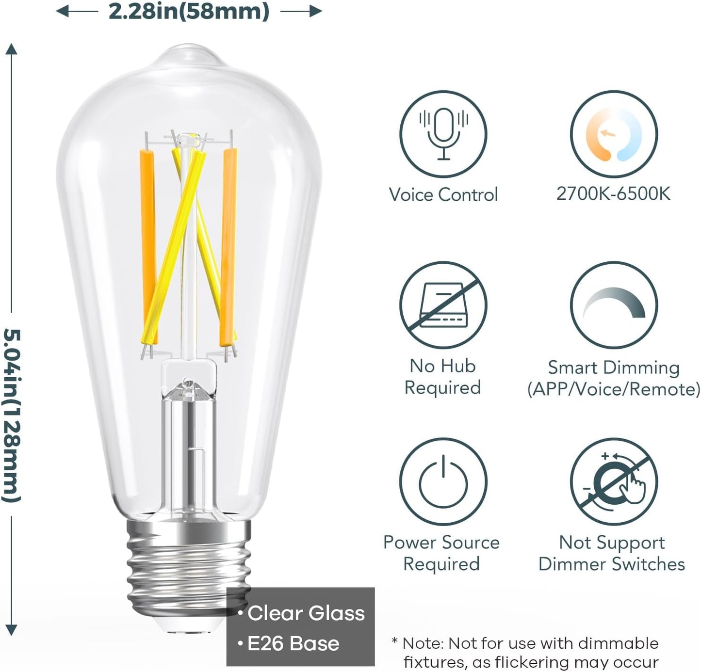Linkind Smart Edison Light Bulb, ST19 (58) Vintage Bulb, 4 Pack with Remote | Work with Alexa/Google Home, 2700K-6500K Warm White to Daylight LED Filament Bulb, Smart Dimming, WiFi E26 Bulb 8W 60W 800LM