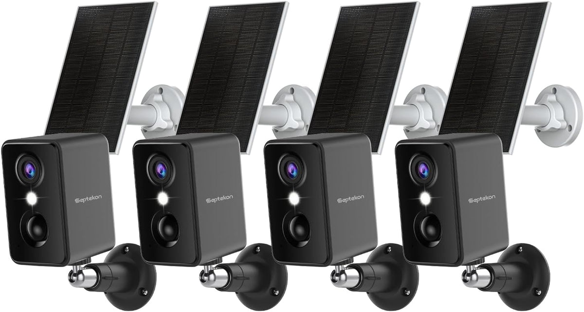 Septekon 2K Security Cameras Wireless Outdoor 4 Pack, Solar Battery Powered Camera with Two Spotlights, PIR Motion Detection Siren, Color Night Vision, 2-Way Audio, IP66 Waterpoof