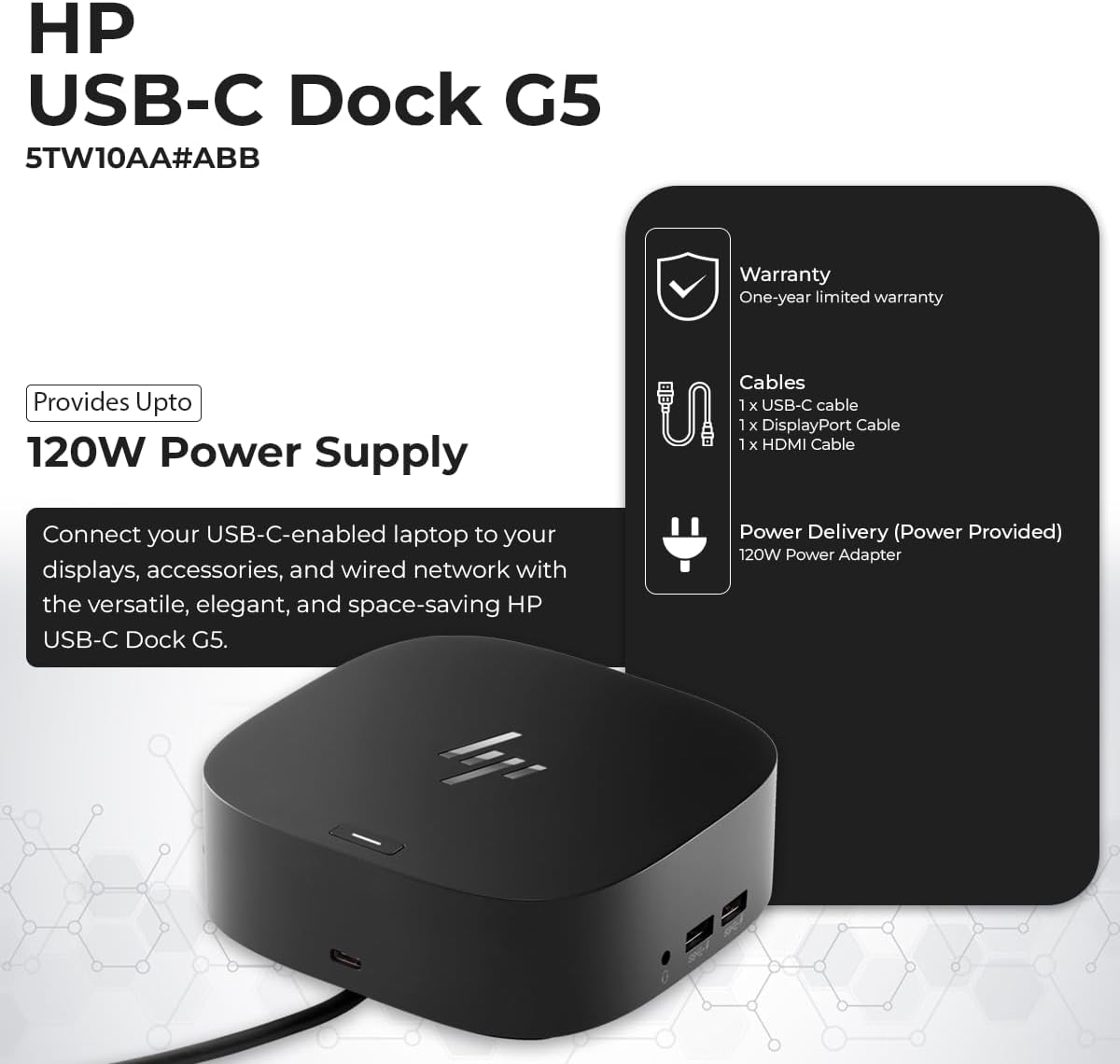 HP Docking Station for Laptop Dual Monitor and Charging Bundle - HP USB-C G5 Dock 5TW10AA / 5TW10UT / 5TW10AA#ABB with 120W Adapter, HDMI, DisplayPort, USB-C Cables & Microfiber Cleaning Cloth