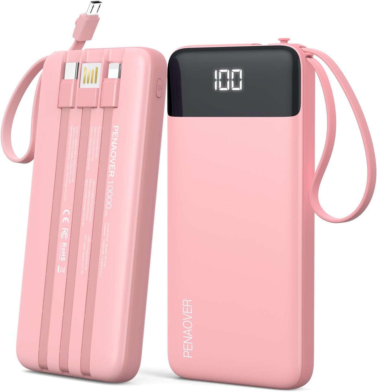 Portable Charger Built-in Cables,10000mAh Fast Charge Power Bank for iPhone | LED display, 0.64in Ultra Slim, Charge 5 Devices at Once, TSA Approved Travel Essential for iPhone/Samsung/iPad/Android