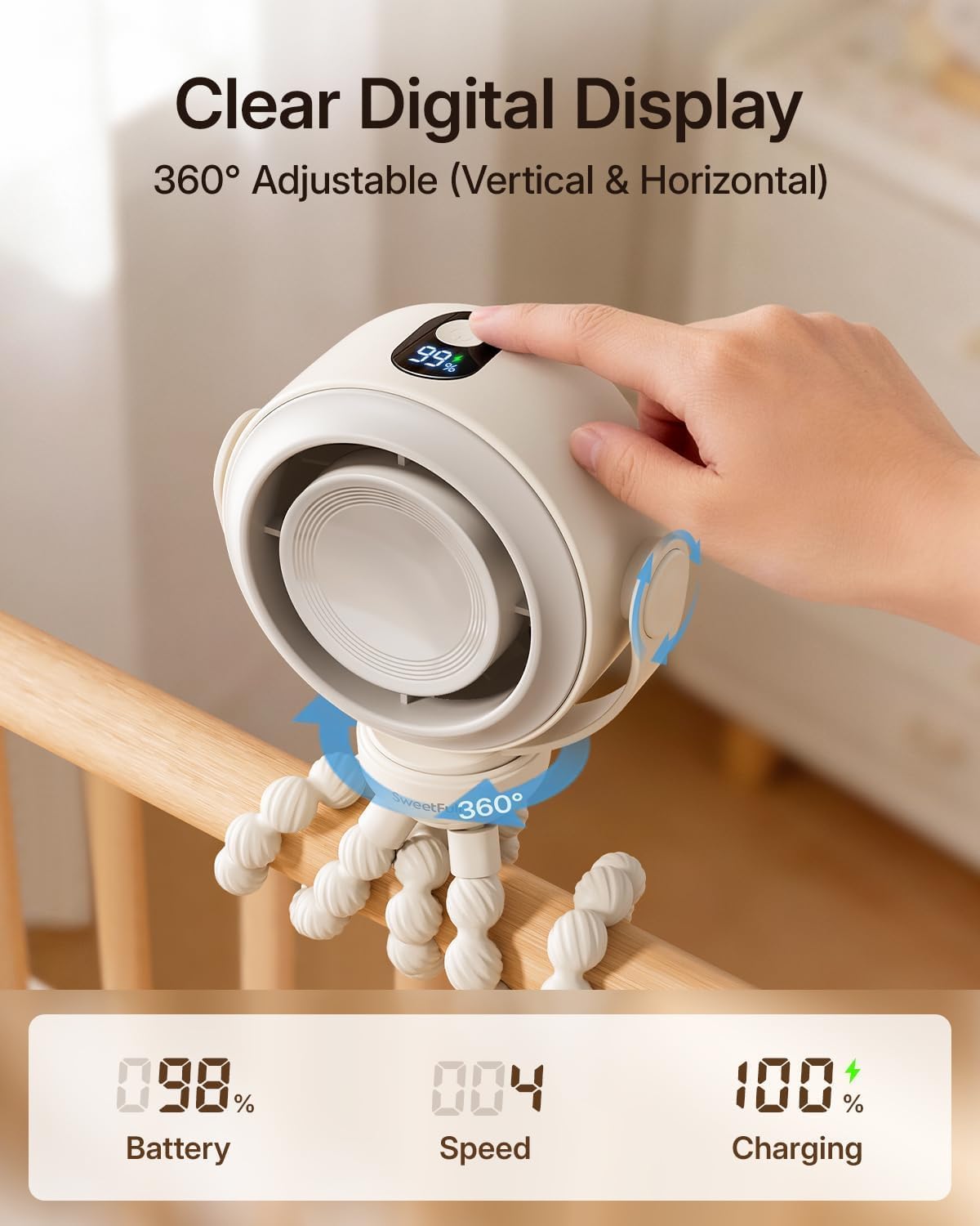 SWEETFULL Portable Stroller Fan, Pinch-Proof Baby Fan - Cream | Wide Turbine Airflow; Safe Design; LED Display; 5-Speed; 30dB Quiet; USB-C Rechargeable; Mini Clip On Fan for Car Seat & Bed