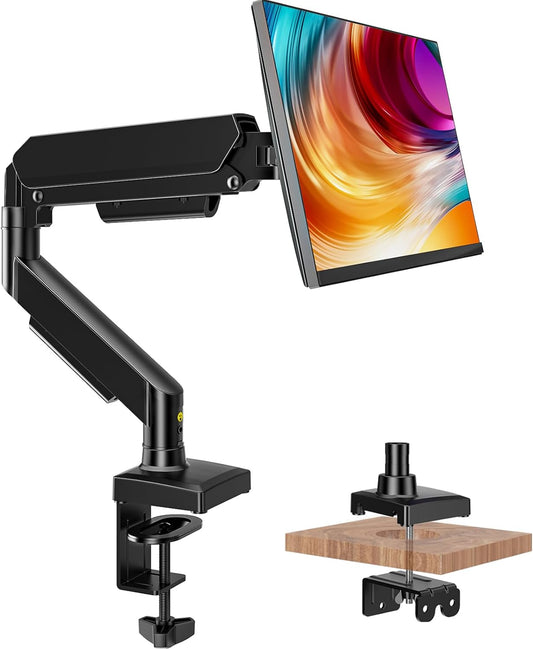 Single Monitor Mount, Gas Spring Arm for 17-32 inch Screens Adjustable Monitor Stand, Vesa Mount Stand with Clamp and Grommet Aluminum Base - Fits 4.4 to 22lbs LCD Computer Monitors HD09B-001