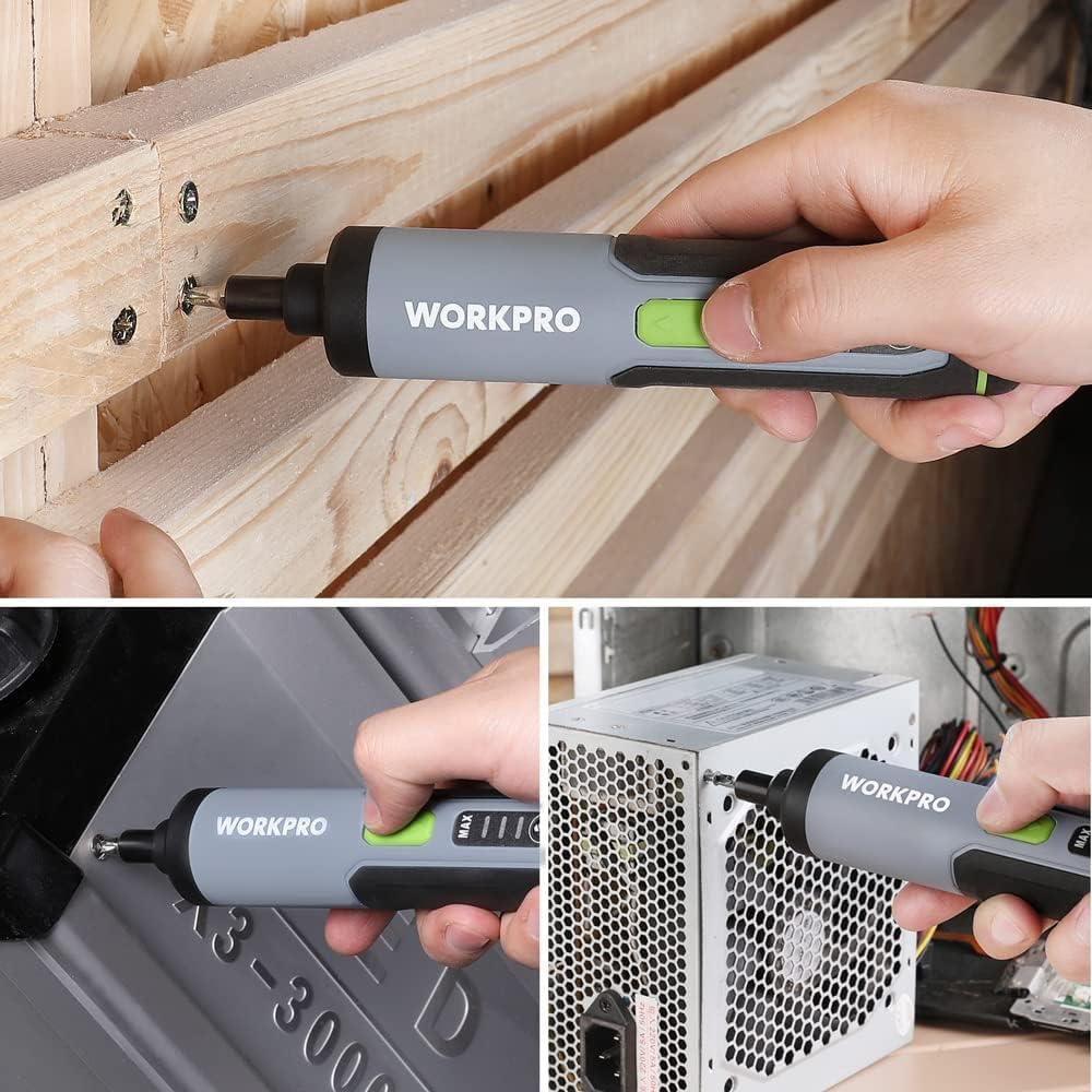WORKPRO 4V Electric Screwdriver, Rechargeable Cordless Screwdriver Set with 35 Bits, Extension Rod, USB Charging Cable in Carrying Case, LED Light, Black Gray