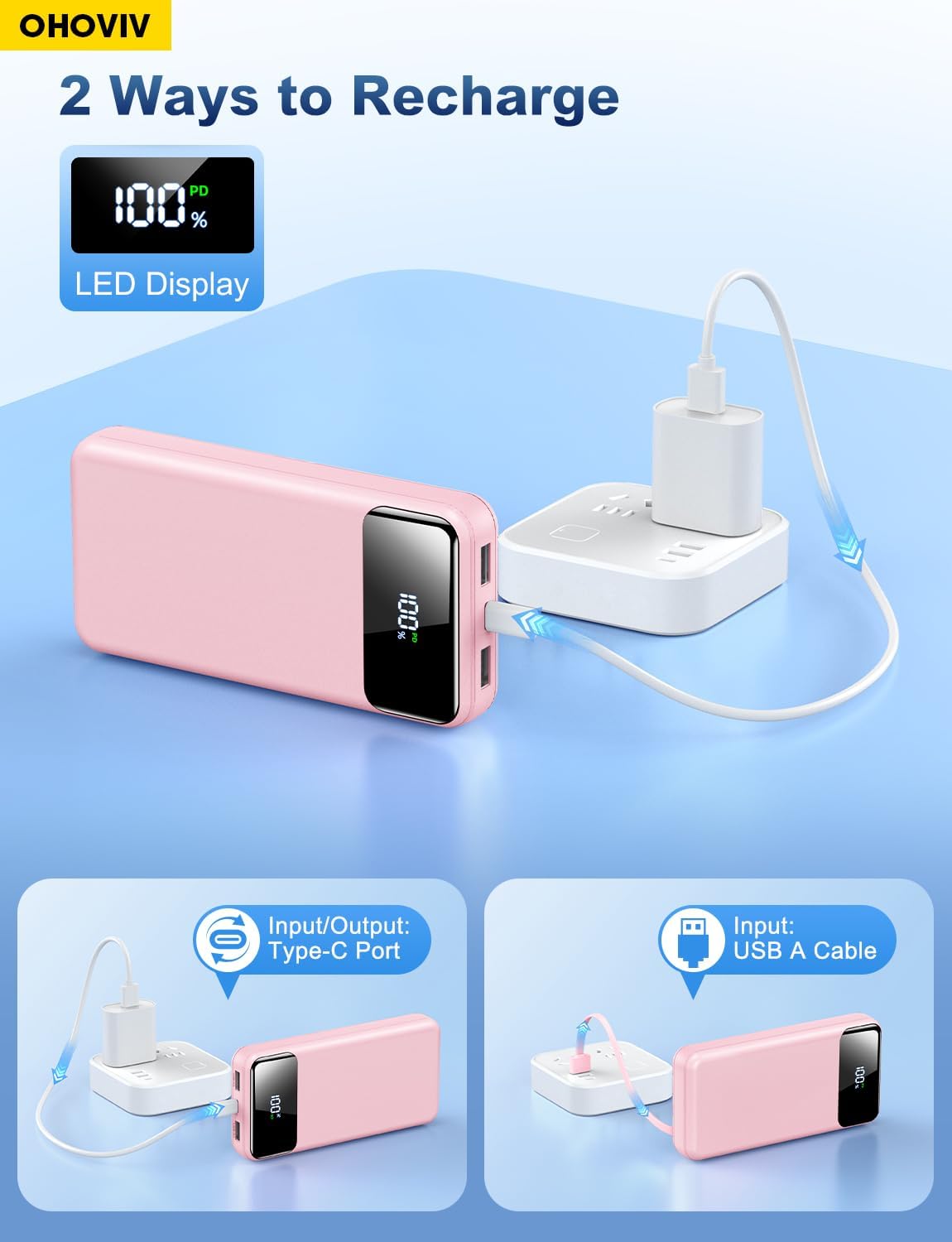 OHOVIV Portable Charger Power Bank 50000mAh,4 Built-in Cables Battery Pack | 22.5W Fast-Charge,55% in 30mins,10 Times for iPhone,Camping Travel Essential,Compatible with iPhone,Samsung,Tablet,Pink