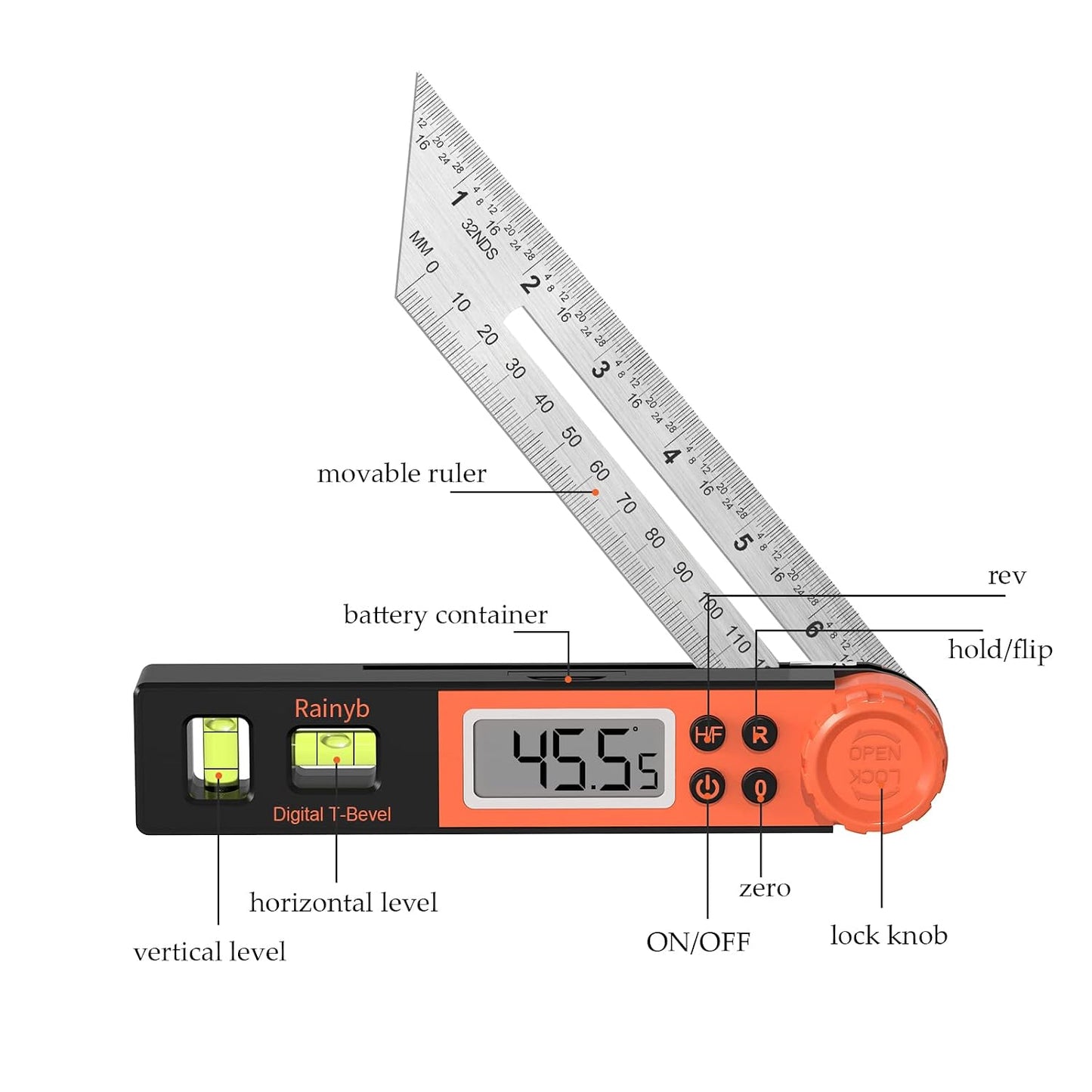 Digital Angle Finder & T Bevel Gauge, 0-360 Degree Digital Protractor Tool | 0-360° Angle Measuring Tool with LCD Display and Bubble Levels for Woodworking, Framing, Construction and DIY Projects