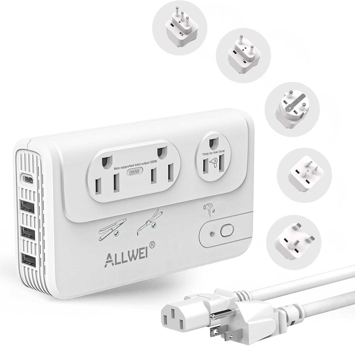 ALLWEI International Travel Adapter 220V to 110V Power Voltage Converter | for Hair Straightener/Curling Iron, Universal Power Plug Adapter UK, US, AU, EU, IT, India (White)