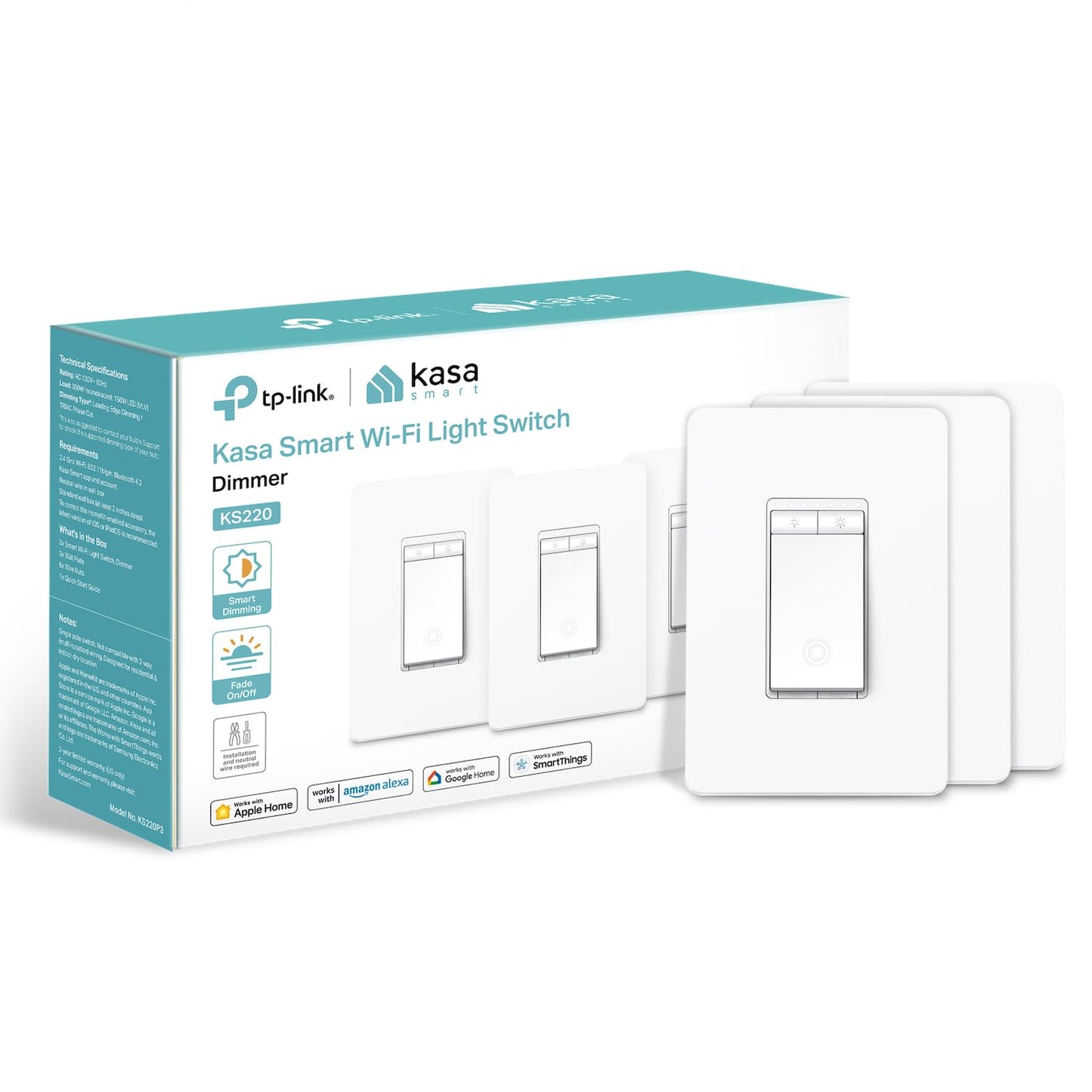 Kasa Apple HomeKit Smart Dimmer Switch KS220, Single Pole, Neutral Wire Required, 2.4GHz Wi-Fi Light Switch Works with Siri, Alexa and Google Home, UL Certified, No Hub Required, White