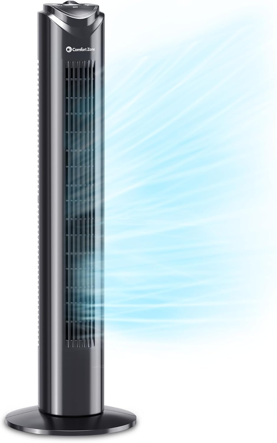 Comfort Zone 32-Inch Oscillating Tower Fan – Ultra-Slim Bladeless Design with 3 Speeds, 90° Wide Oscillation & Built-in Carry Handle – Quiet Portable Standing Fan for Bedroom, Home, or Office, Black