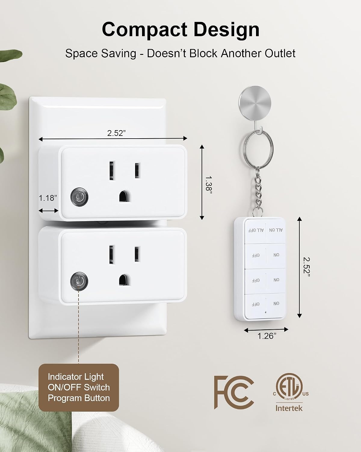 Remote Control Outlet with All ON/Off Switch, 200FT Long Range | Mini Electrical Outlet Plug, 15A/1875W High-Power for Lamps, Lights, Household Appliances, ETL & FCC Listed, Pre-Programmed