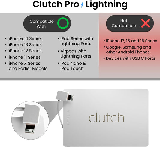 Clutch Pro – World's Thinnest iPhone Charger – Portable Power Bank 5000mAh – Magnetic Built-in Lightning Cable – TSA Approved Travel Charger – iPhone 14 & Earlier – White
