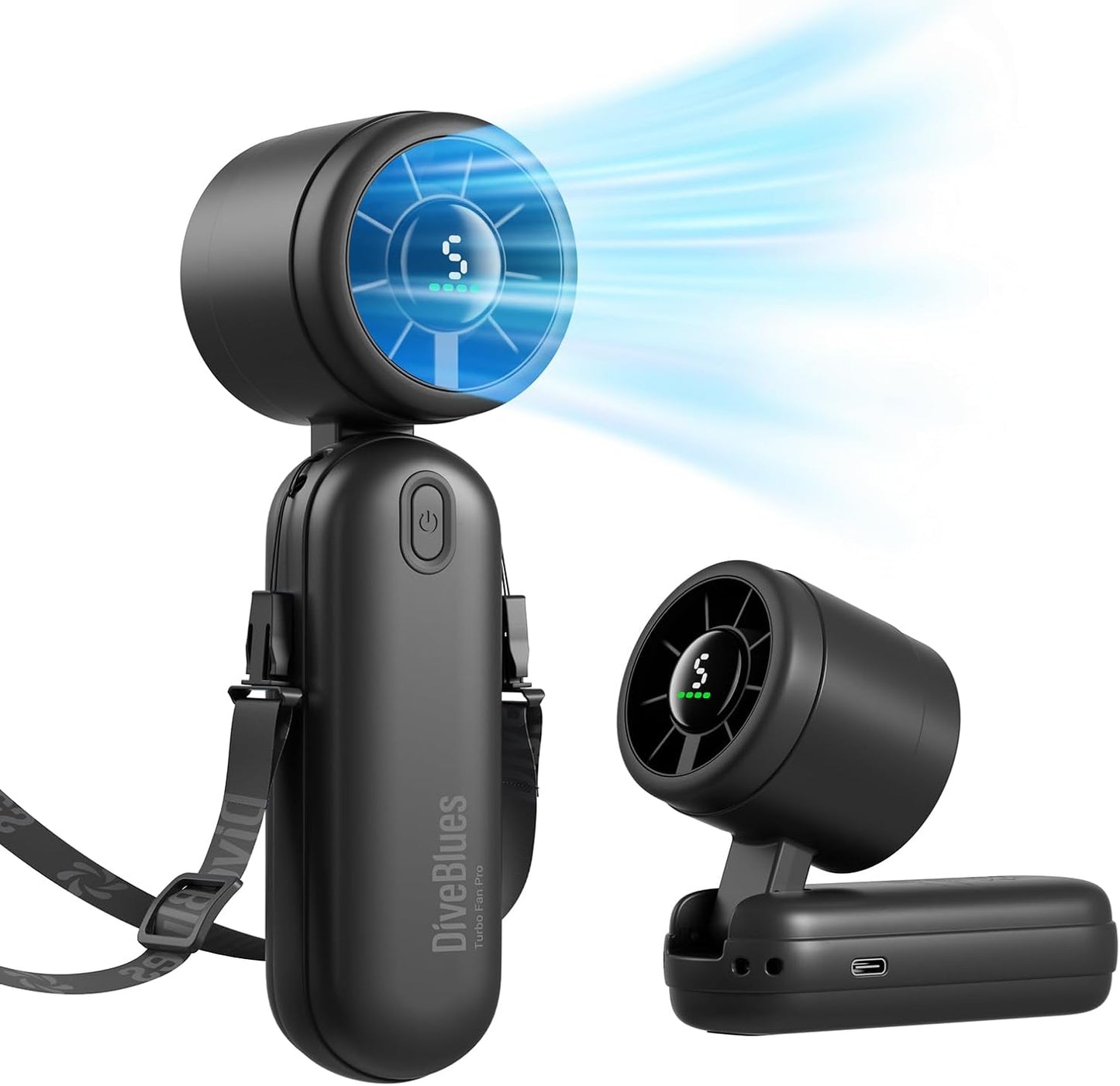 Diveblues Mini Portable Handheld Turbo Fan 27ft/s, 4000mAh Battery | Quiet Motor, 12H Max Cooling, 5 Speeds, LED Display, 3-in-1 Handheld/Neck/Desk Fan for Travel, Cruise & Disney Essentials