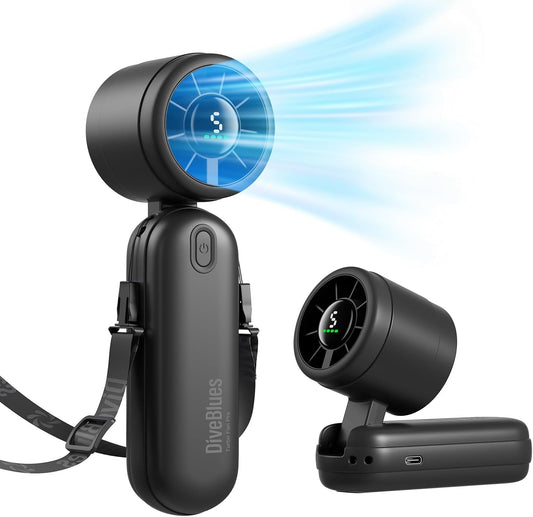 Diveblues Mini Portable Handheld Turbo Fan 27ft/s, 4000mAh Battery | Quiet Motor, 12H Max Cooling, 5 Speeds, LED Display, 3-in-1 Handheld/Neck/Desk Fan for Travel, Cruise & Disney Essentials