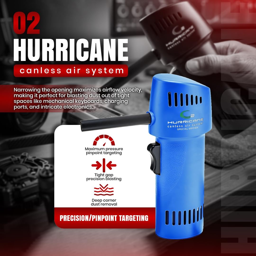 O2 Hurricane Air Duster - Rechargeable Air Blower with 200 MPH Airflow - 5 Attachments Dust Removal Tool - Compressed Air Alternative for Electronics, Computers & Car Detailing
