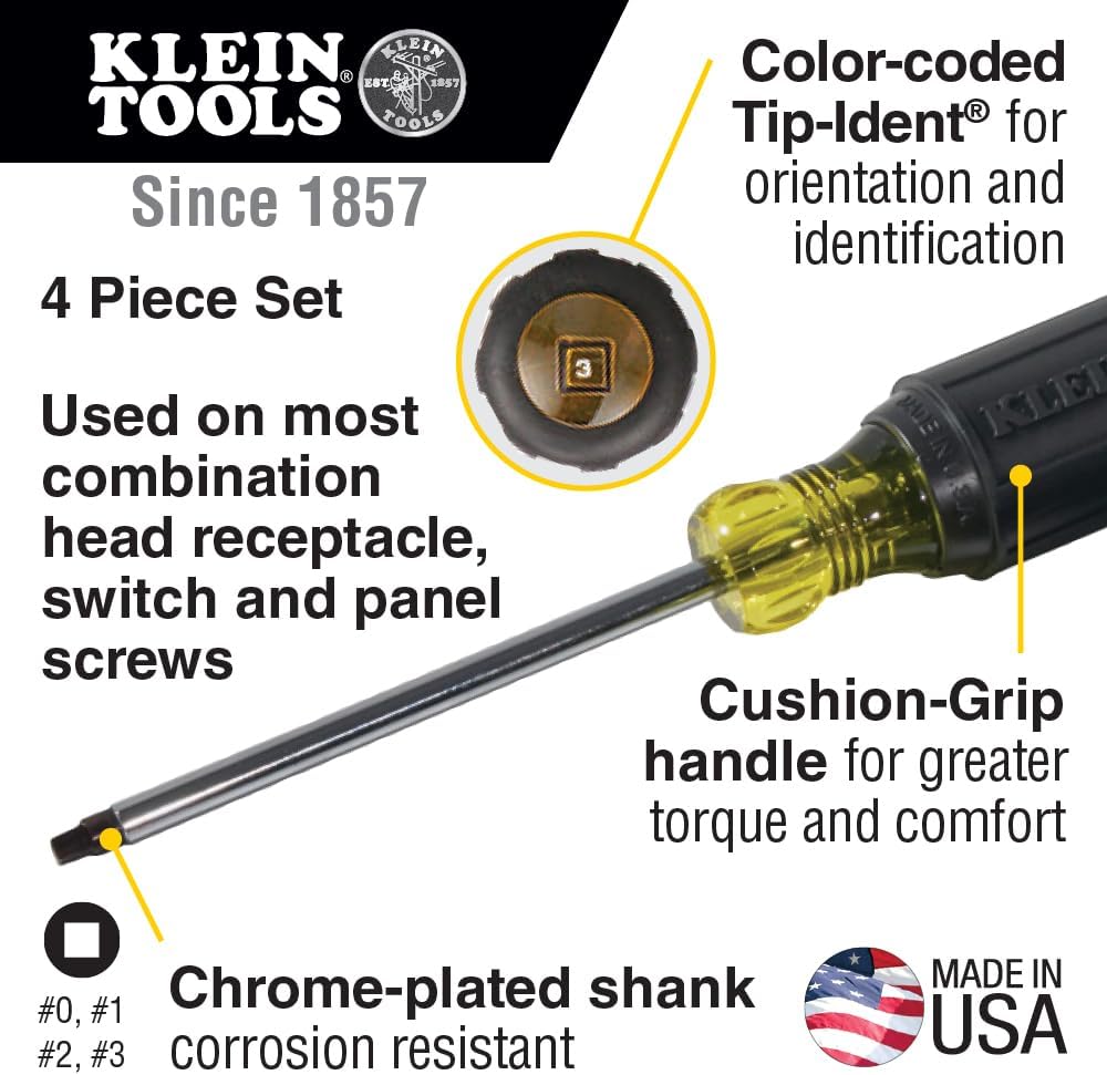 Klein Tools 85664 Screwdriver Set, Made in USA, Square Recess with Color Coded Handles and Heat Treated, Chrome Plated Shafts, 4-Piece