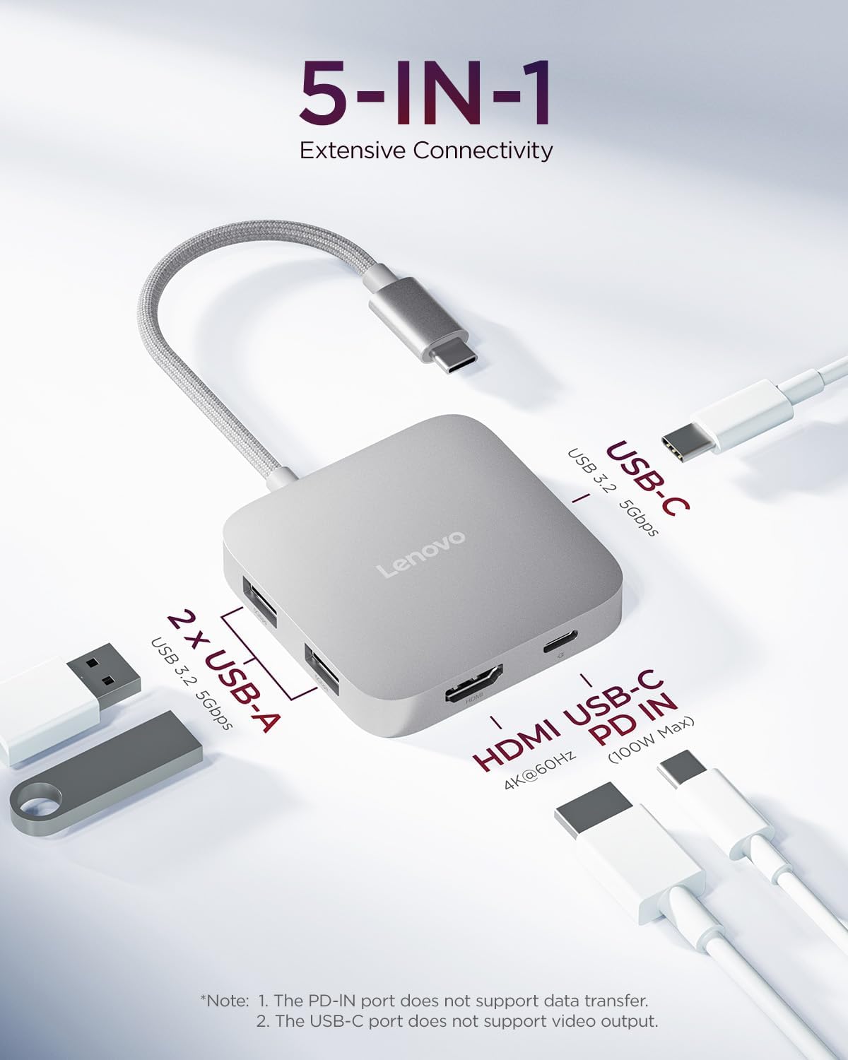 Lenovo USB-C 5-in-1 Travel Hub, 90W Power Delivery, 4K 60Hz HDMI, Dual USB-C and USB-A Ports, Plug and Play, Compact, Silver Grey