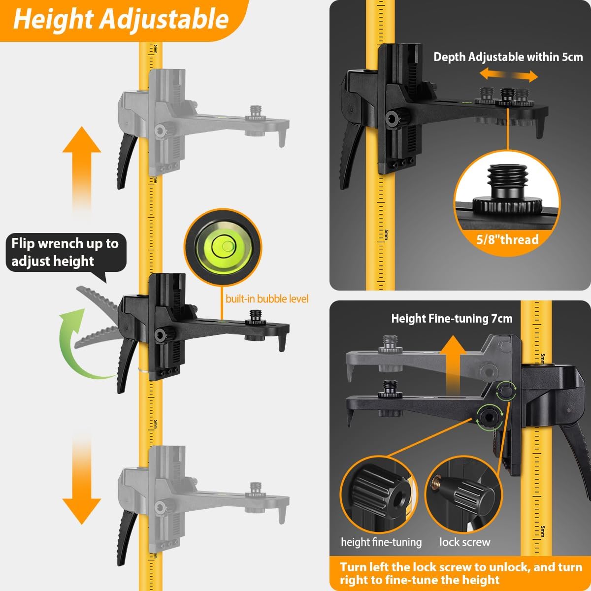 Takamine 12 Ft./3.7m Laser Level Telescoping Pole with Adjustable Tripod | 1/4-Inch by 20-Inch Laser Pole Mount,for Rotary and Line Lasers，Includes 5/8"-11 Adapter Nut