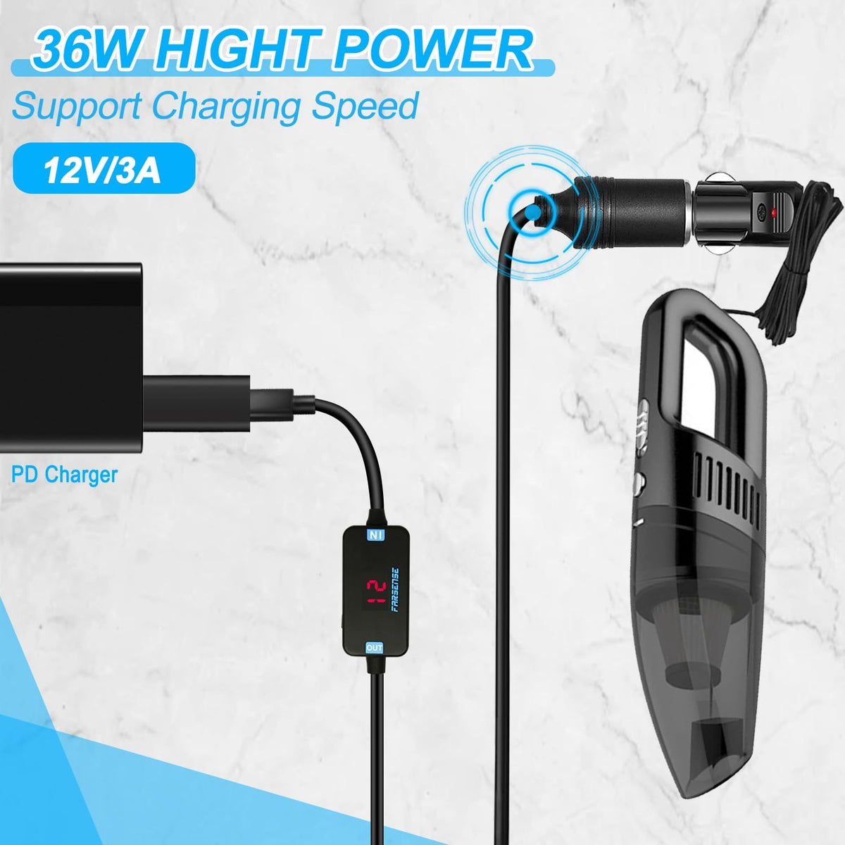FARSENSE USB A to 12V Cigarette Lighter Adapter(36W)-USB C Male to Cigarette Lighter Female Socket PD Trigger Cable(2FT) with Switching Voltage and Display Voltage,for Dash Cam,GPS,Etc