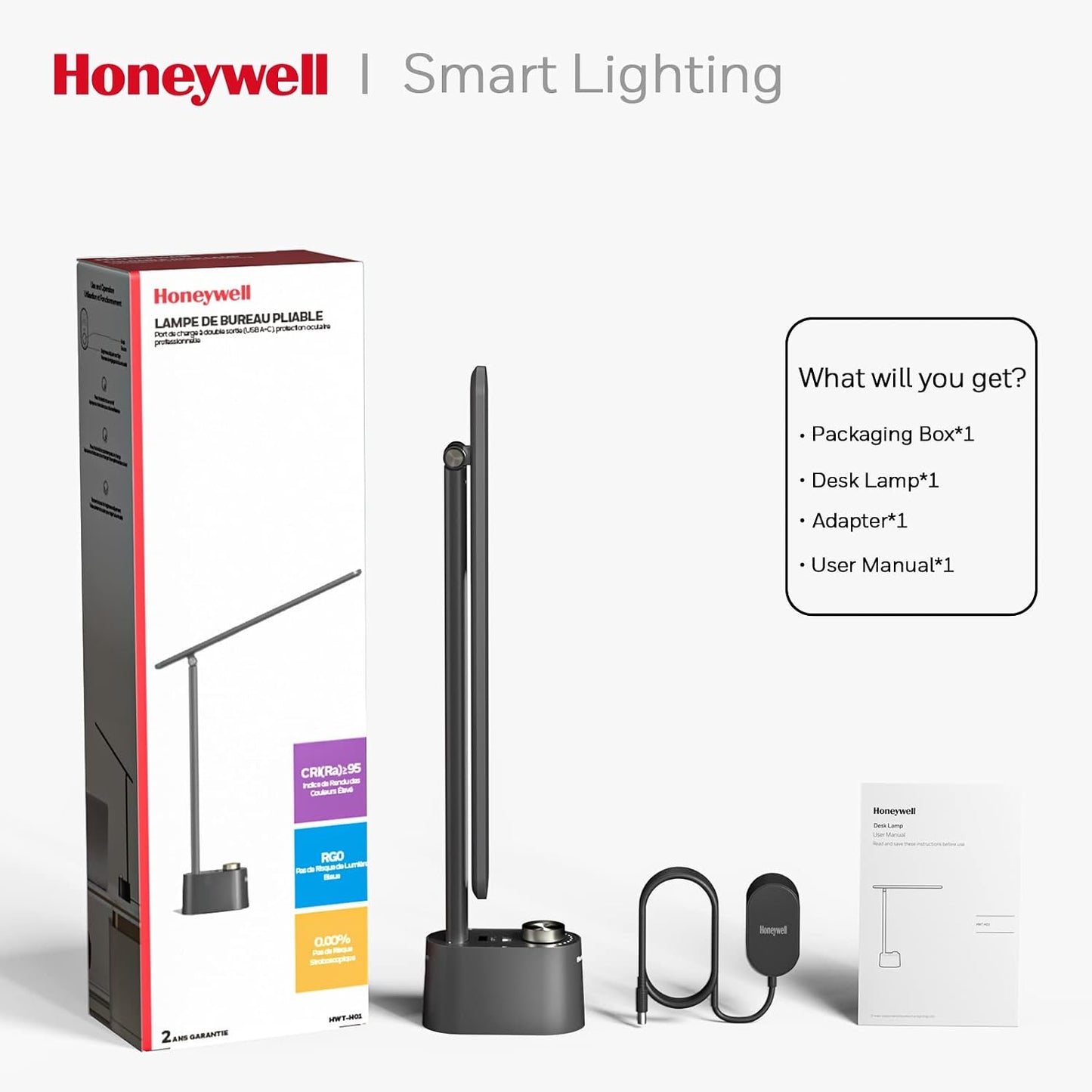 Honeywell HWT-H01 LED Desk Lamp, Foldable & Stepless Dimmable, Black | Sunturalux Eye-Caring Desk Light with Charging Ports, Modern Table Lamp, Reading Lamp for Home Office Bedroom College Dorm