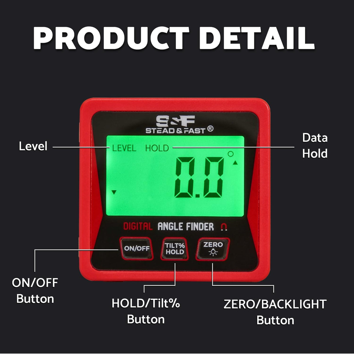 S&F STEAD & FAST Digital Angle Finder Magnetic with Case & Backlit LCD | Self-inverting display, ±0.2° accuracy, Absolute & Relative, Hold & Zero, Auto-off, for Woodworking, Plumbing & Construction