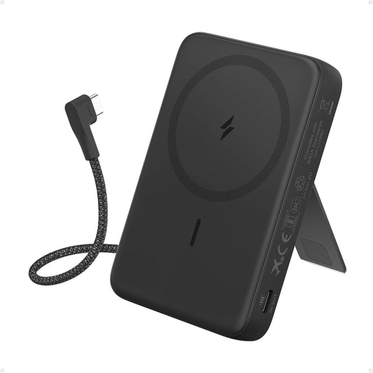 Anker Zolo Magnetic Power Bank, 10,000mAh 30W Wireless Portable Charger | Built-In Right-Angle USB-C Cable, Adjustable Stand, Compact Design, for iPhone 17 / 16 / 15 Series, AirPods, and More