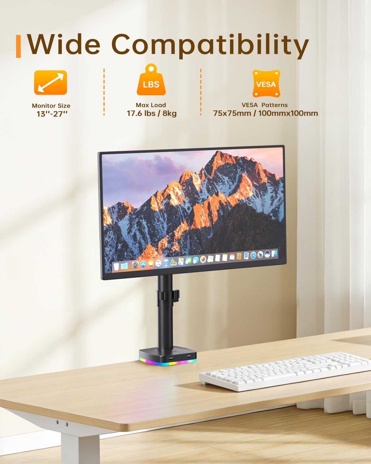 Afaloona RGB Monitor Stand with USB Hub for 13-27" Monitors, up to 17.6 lbs | Single monitor mount with 1 USB-C and 2 USB-A ports supports charging and data transfer for gaming desks and workstations