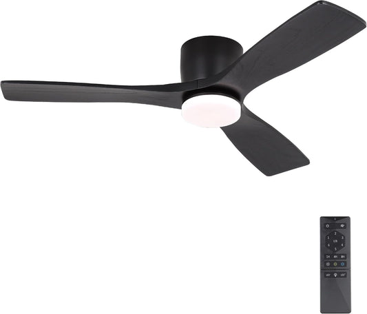 WINGBO 48 Inch Flush Mount DC Ceiling Fan, 3CCT Dimmable Light, 3 Carved Wood Blades, 6-Speed Noiseless Reversible DC Motor, Hugger Low Profile Fan, Matte Black Finish with Black Blades, ETL Listed