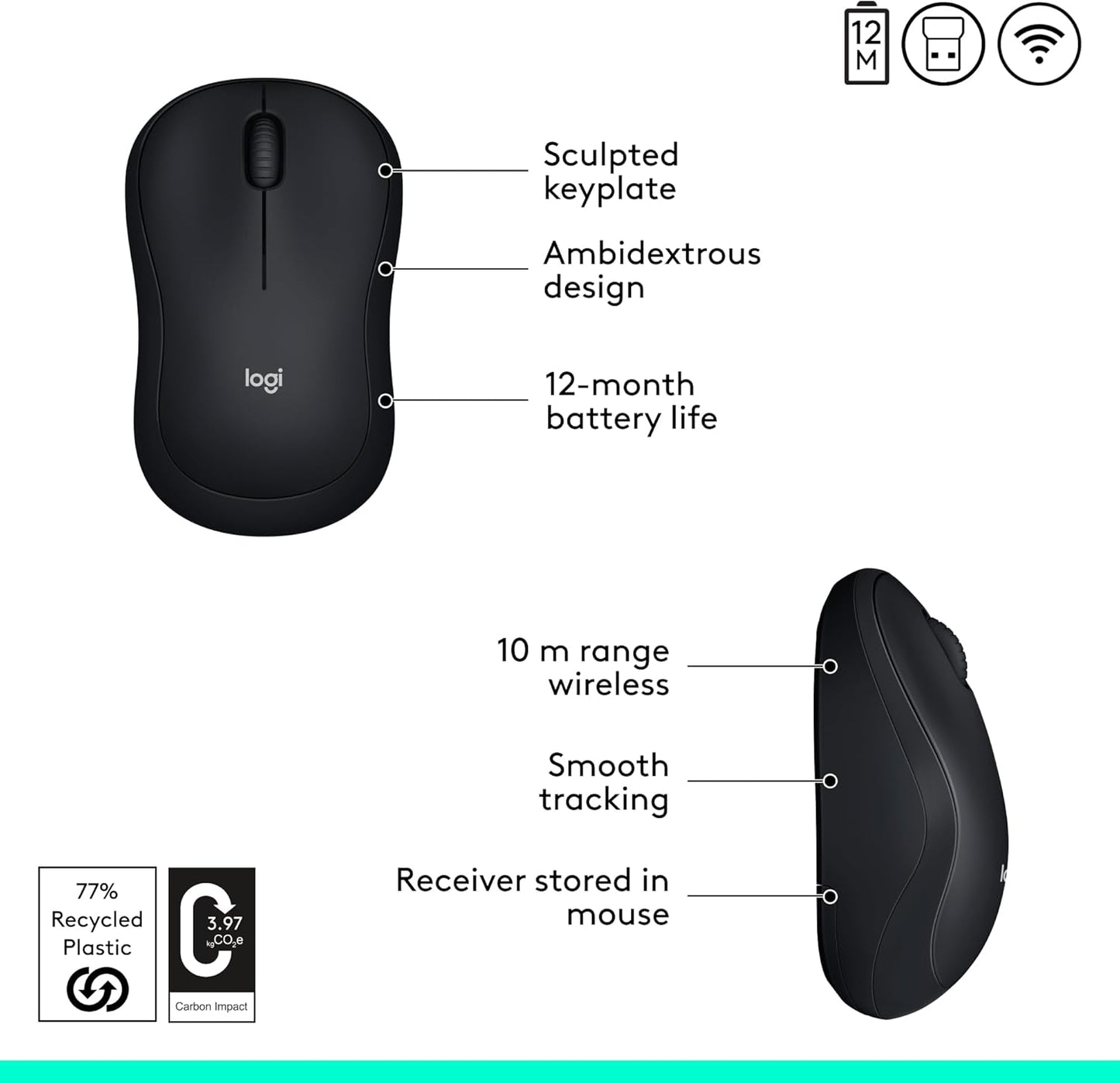 Logitech M185 Compact Ambidextrous Wireless Mouse with Rubber Grips - Black | Ambidextrous mouse with 2.4 GHz USB-A Nano Receiver, Optical Tracking, 12-Months Battery Life, PC, Mac, Laptop compatible