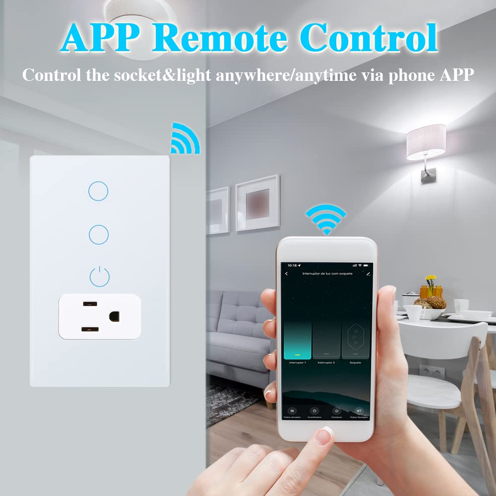 Combination Touch Light Switch and WiFi Power Wall Outlet, Tuya APP Smart Life, 15A /90-250V AC 60Hz, Combo Style, White