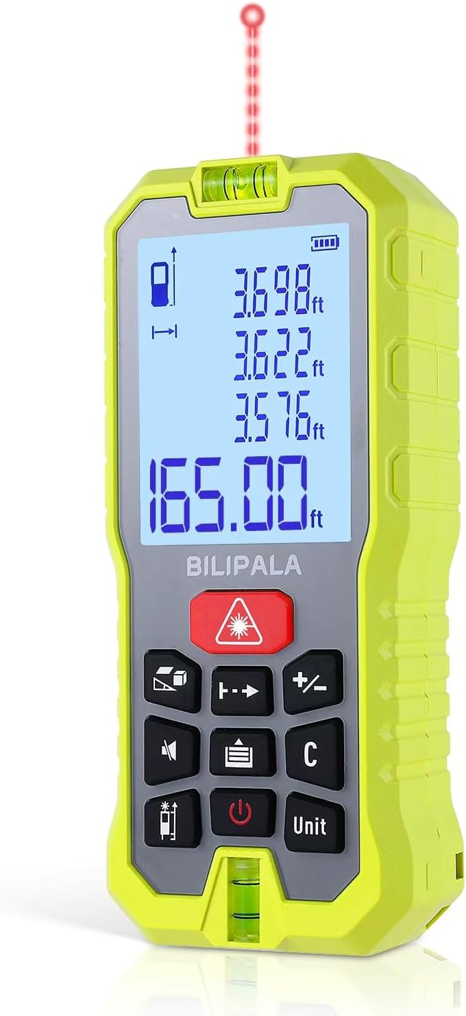 Laser Measure, 165ft Digital Laser Distance Meter with 2 Bubble Levels, 2" Backlit LCD, High Precision Laser Measuring Tool,Area Measurement,Volume and Pythagoras, Mute, Battery Included