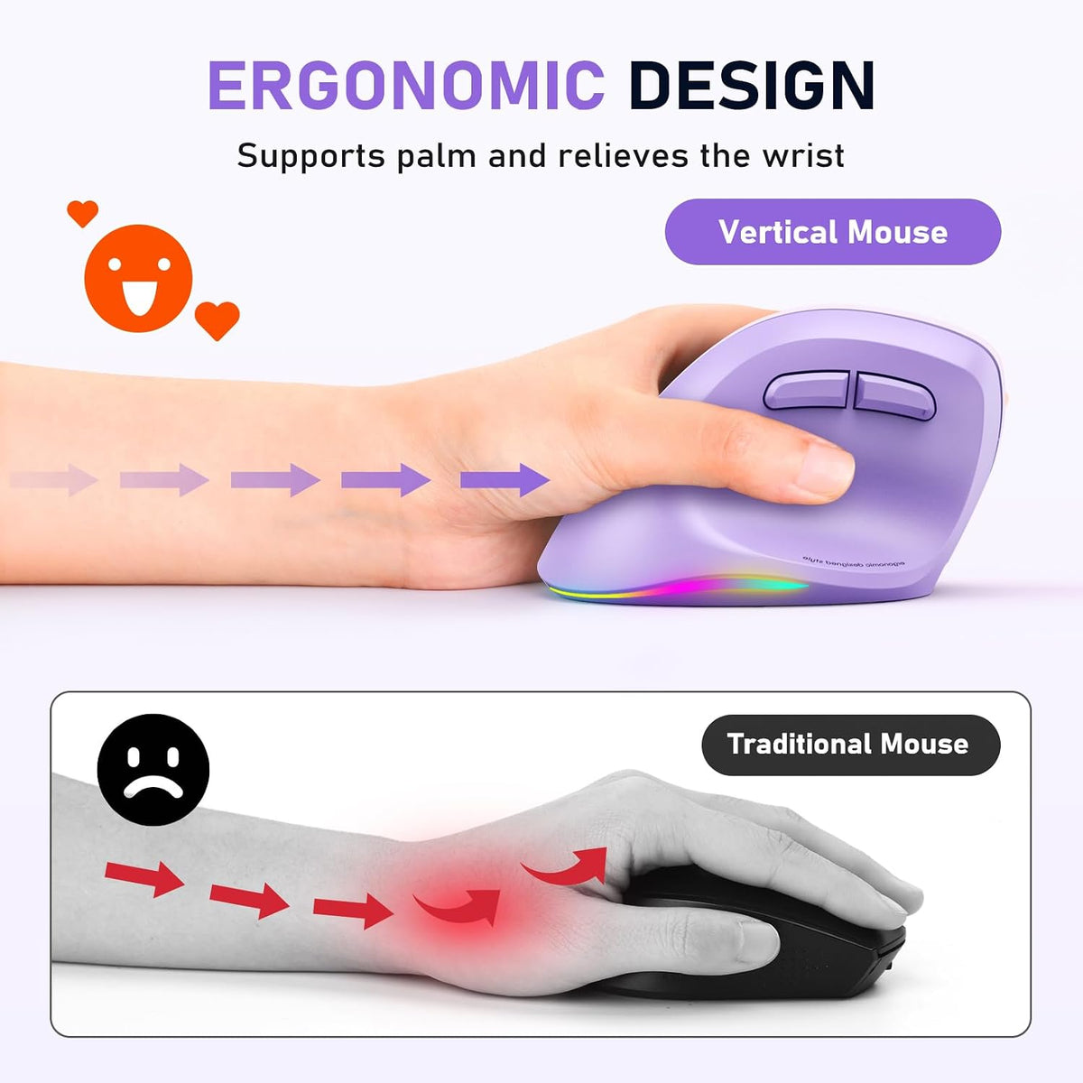 MEETION Left-Handed Wireless Ergonomic Vertical Mouse, Rechargeable -Purple | Dual Bluetooth 5.2/3.0 + USB, RGB lighting, 4 adjustable DPI, compatible with Windows, Mac, PC, iPad and tablets