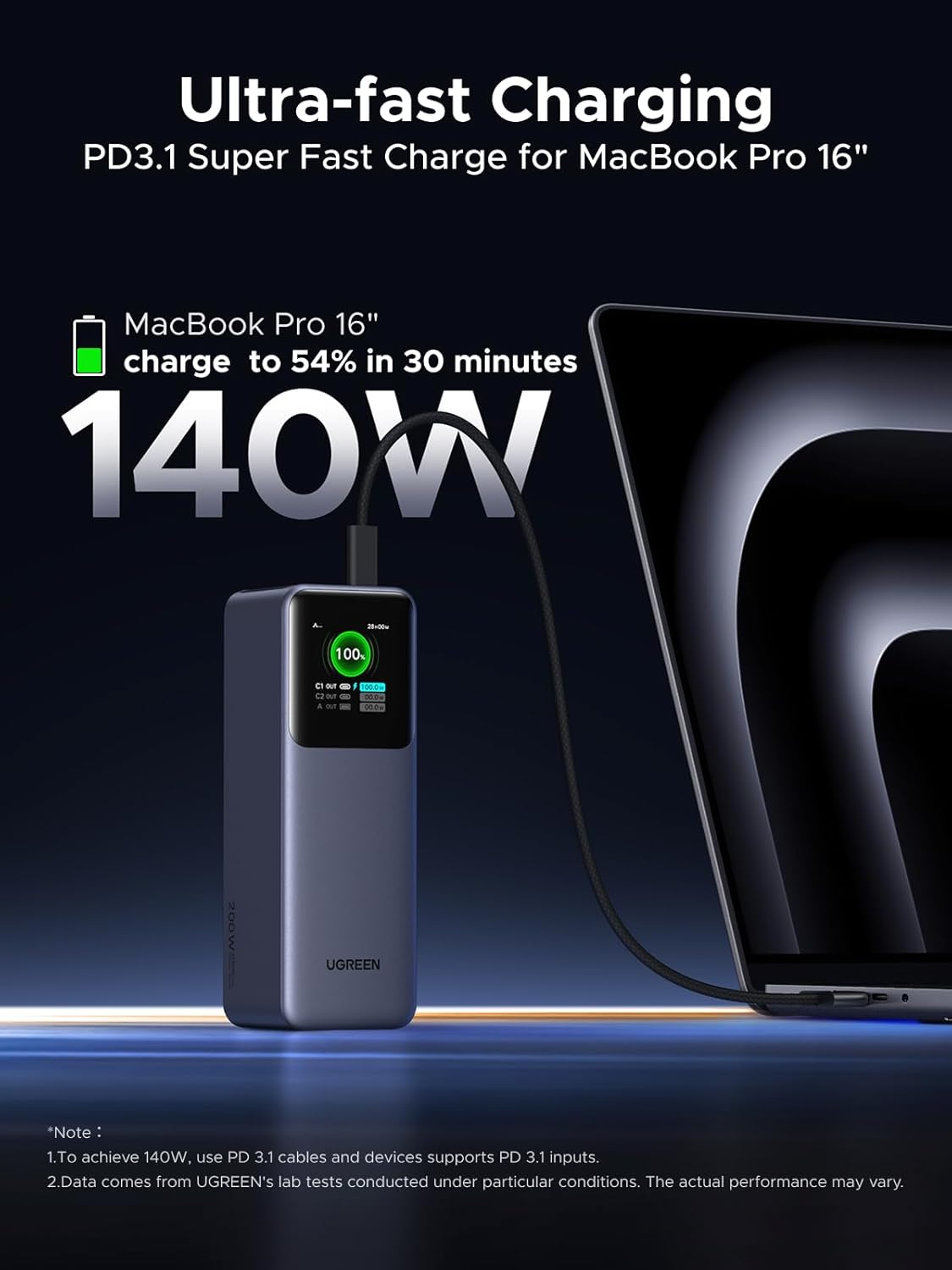 UGREEN Nexode 25000mAh 200W PD 3.1 TFT 3-Port Power Bank | TFT smart display, 90Wh, PD 3.1 fast for laptops. Supports MacBook Pro/Air, Dell, iPhone 17
