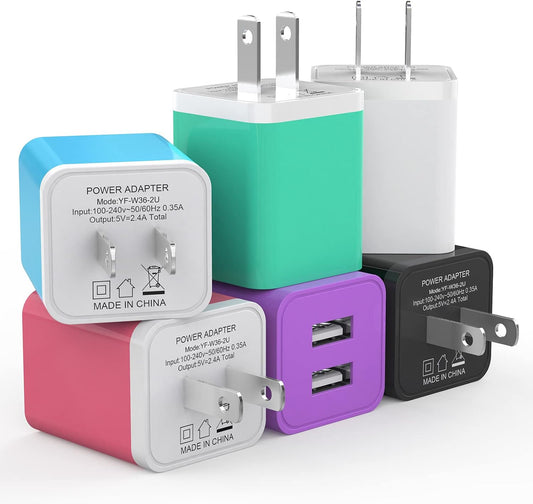 6Pack USB Wall Charger 2.4A Dual USB Port Cube Power Plug Adapter | Fast Phone Charger Block Charging Box Brick for iPhone 17/17 Pro/17 Pro Max/16, Samsung Galaxy, Pixel, LG, Android-Colorful