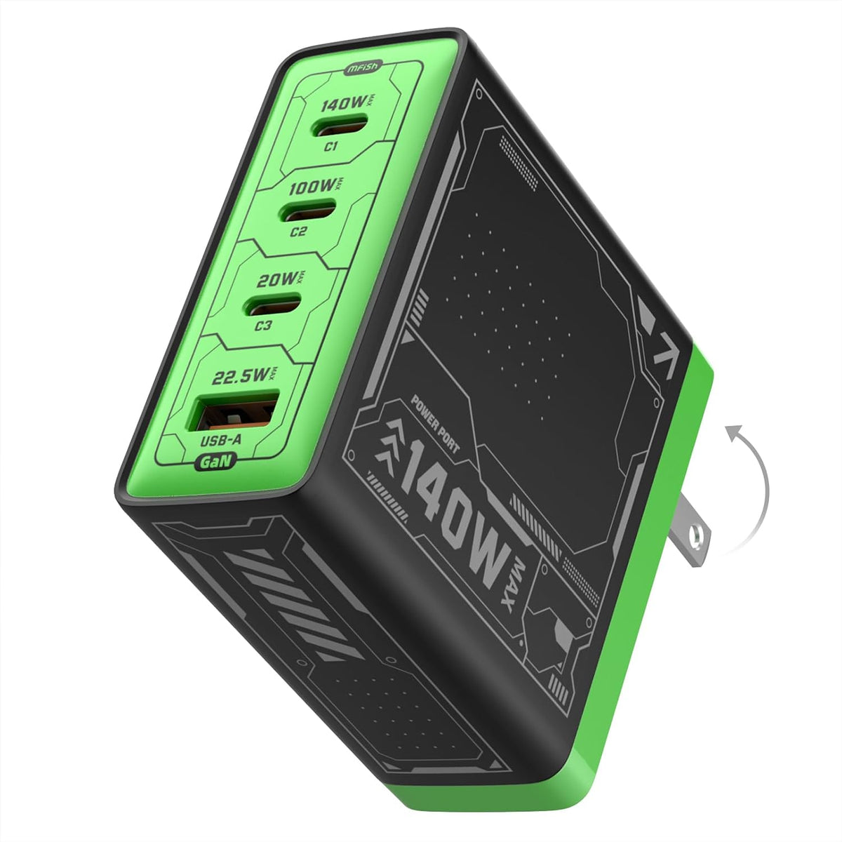 E-Rhino 140W Max 4-Port GaN Charger for MacBook & USB-C Laptop, Black | Smart Temperature Management, Smart Power Distribution, Foldable Plug, 4-Port (3 USB-C + 1 USB-A), Stable Charging