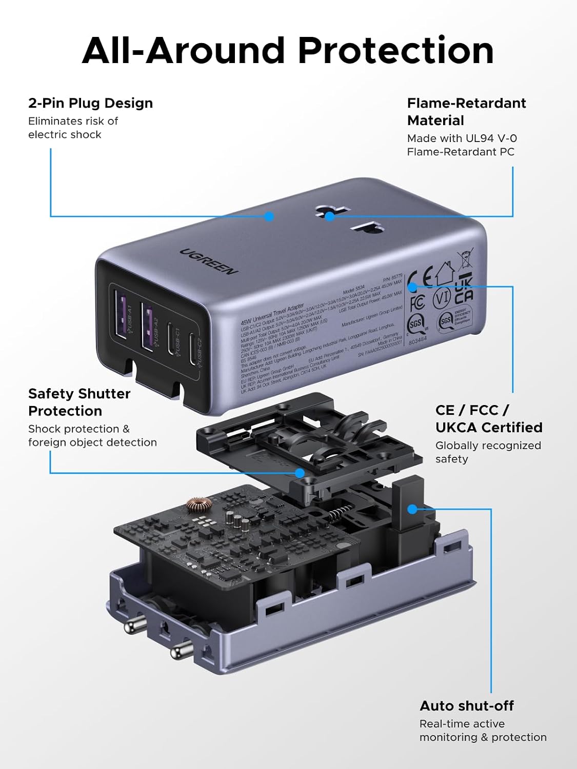 UGREEN 45W 6-Port Universal Travel Plug Adapter Worldwide | 2 USB-C, 2 USB-A, 2 AC, GaN International Power Adapter for 200+ Countries, Fasting Charging, Travel Essentials, Black