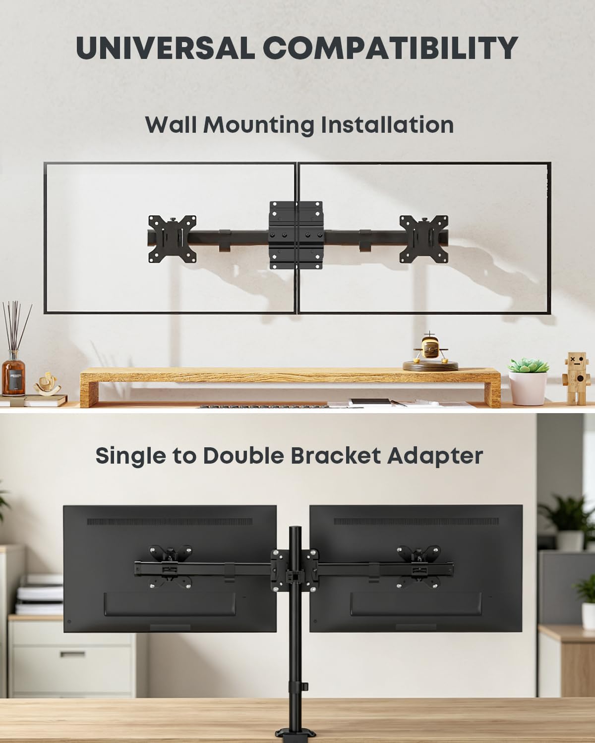 Dual Monitor Wall Mount fits 13-27 Inch, Single to Double Bracket Adapter