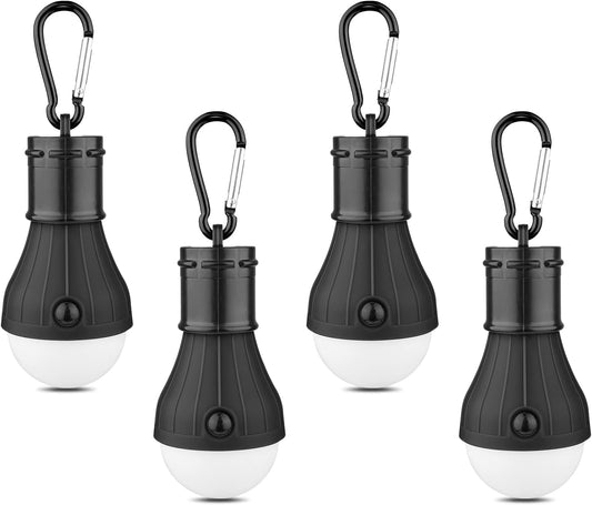LED Camping Tent Lantern, Portable Outdoor Waterproof Emergency Light Bulb | Battery Powered with Clip Hook, Super Bright, for Hiking, Party，Camping, Fishing, Power Failure (4 Packs, Black )