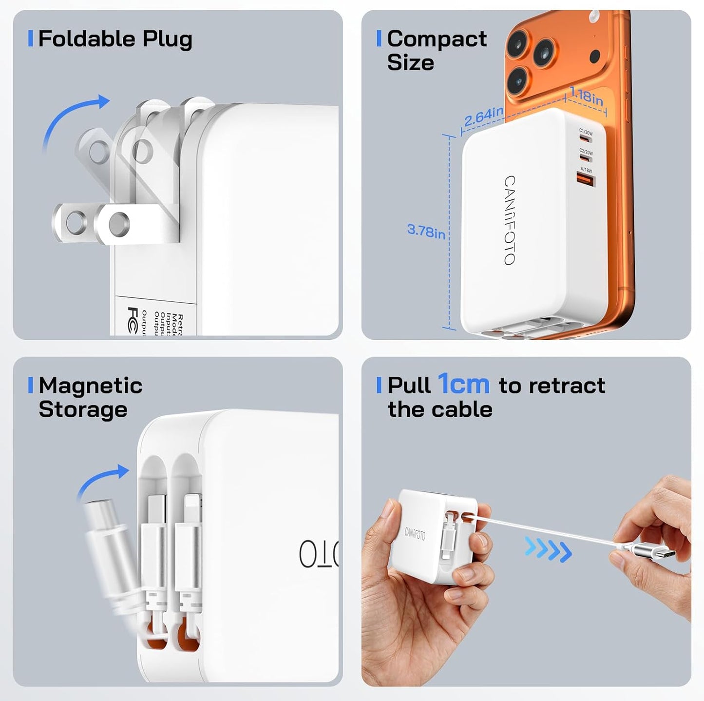 5-in-1 Retractable Wall Charger with Dual Cables, 50W Retractable Phone Charger with 3.3FT USB C & Lightening Cables,30W Fast Charging Block Wall Plug for iPhone 17 16 15 14 13,G-alaxy S26 S25,i Pad