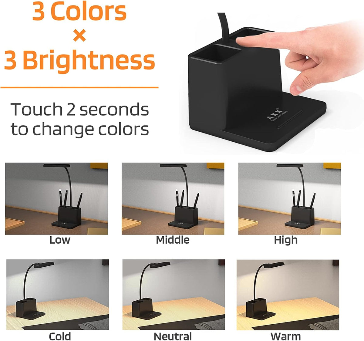 AXX Black LED Desk Lamp, Battery Operated Small Table Light for Dorm Room | Rechargeable, Battery-Powered, Cute, Dimmable, Gooseneck, Pen Holder, Touch Control, for Home Office Bedroom Desktop