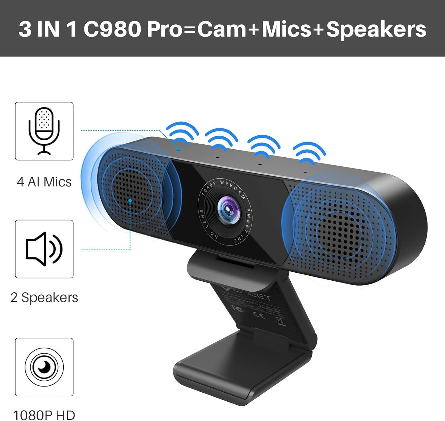 EMEET C980 PRO 3-in-1 1080P Webcam with Microphone and Speaker, 60°-98° FOV | Wide Angle Webcam w/ 4 Noise Cancel Mics 2 Speakers, Auto Low Light Correction W/Cover USB Camera for Online Conference/Class
