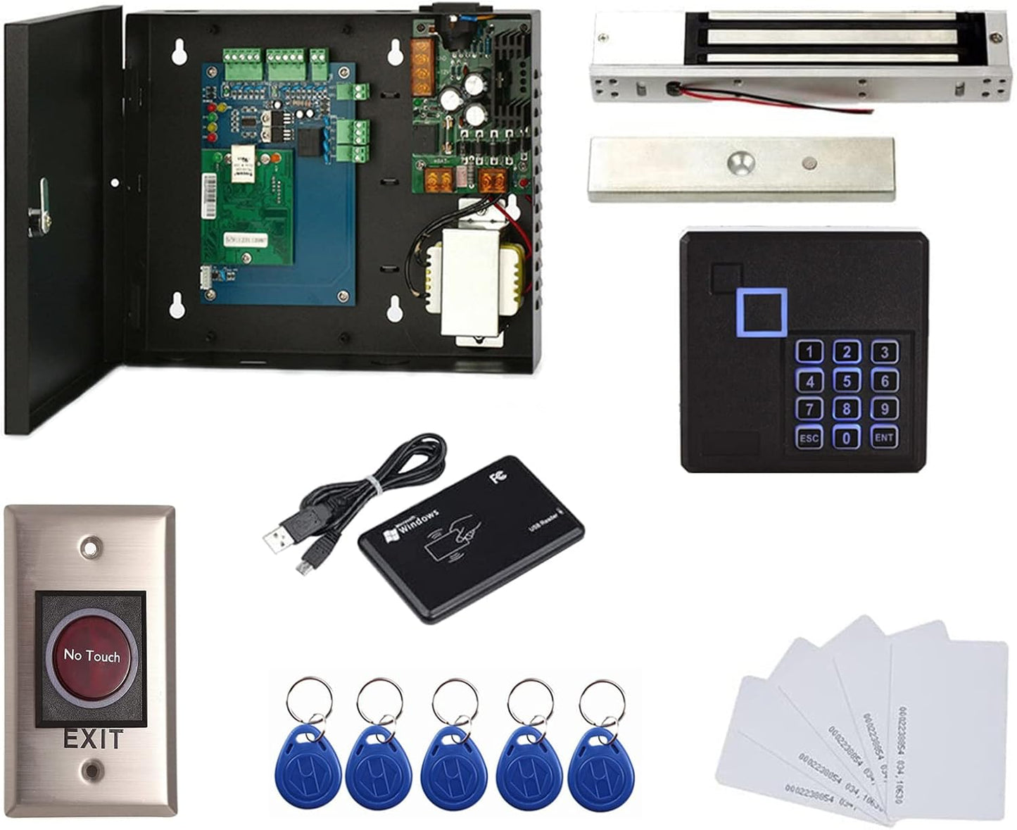 Request to Exit PIR Motion Sensor 4 Doors Access Control Electronmagnetic 600 LBS Magnetic Lock 110-240V Power Supply Box RFID Keypad Reader Keyfobs/Cards(Phone APP remotely Open Door)