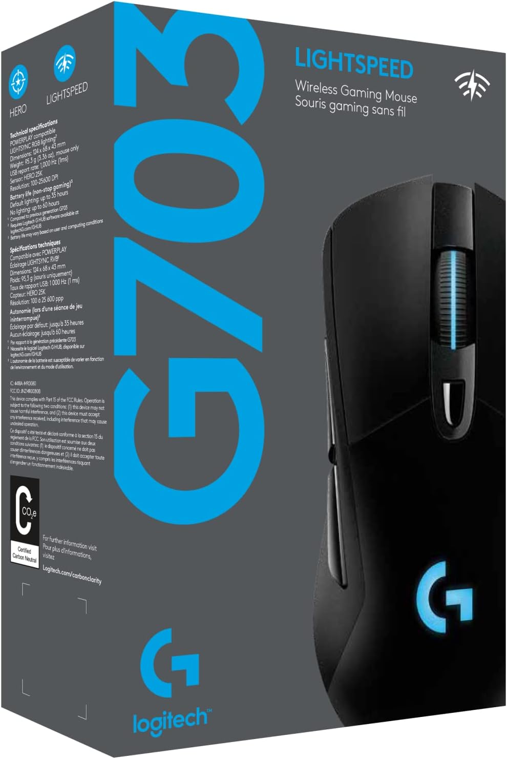 Logitech G703 Lightspeed Wireless Gaming Mouse - Black | Hero 25K Sensor, LIGHTSYNC RGB, Powerplay Compatible, 10G Optional Weight, 100-25,600 DPI, Rubber Side Grips