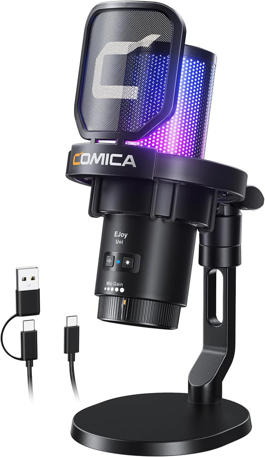 COMICA Ejoy Uni(D) USB Gaming Microphone with Noise Reduction, RGB Lights | 48kHz/24bit Sound Quality, Shock Mount, One-Key Mute, Streaming PC Mic for PS5, PS4, Podcast, Chat, Twitch, YouTube, Discord