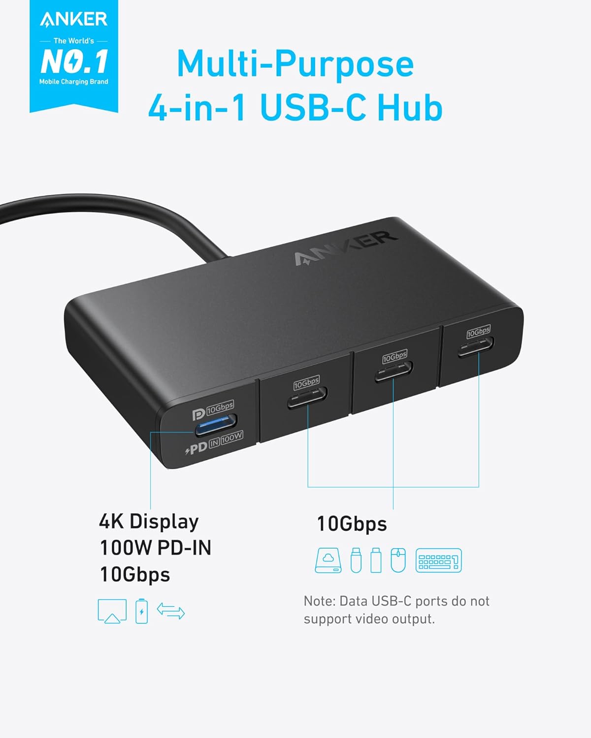 Anker USB-C Hub, 4-in-1 USB-C Adapter, USB-C Splitter for 4K Display