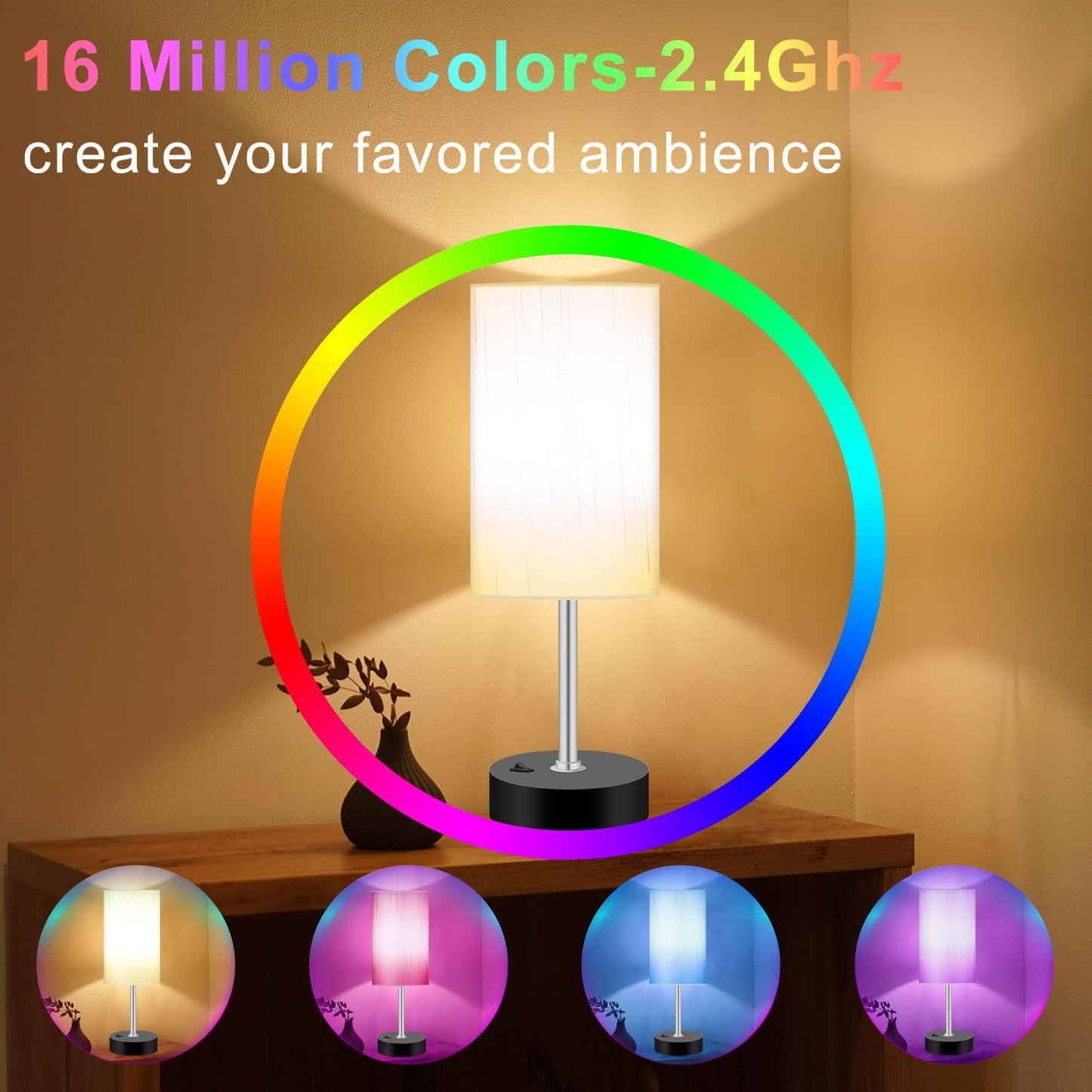 Bedroom Lamp with Smart RGB LED Bulb, Multicolor Changing Table Lamp for Bedroom with 2 USB Port, Dimmable Bedside Lamp Work with Alexa, Smart Nightstand Light for Living Room Sync with Music(2.4GHz) | Multicolor Changing;Dimmable;Alexa Control